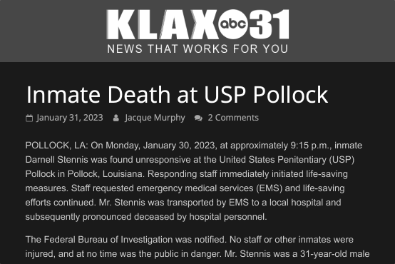 Klax TV - Inmate Death at USP Pollock