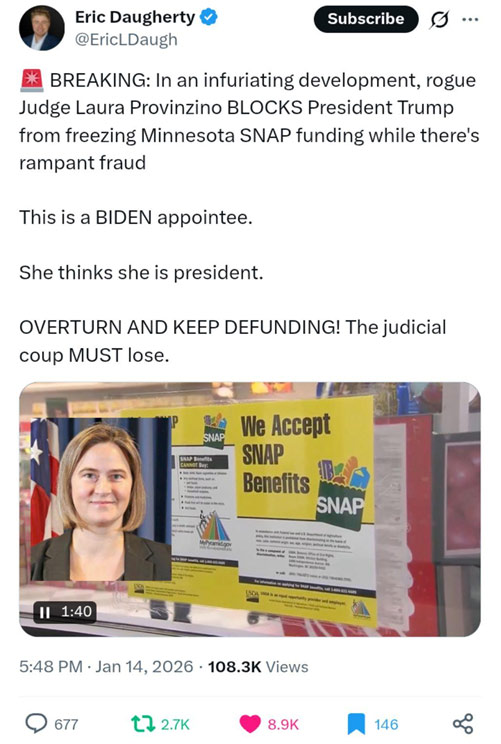 Eric Daugherty post about Judge Provinzino, January 2026