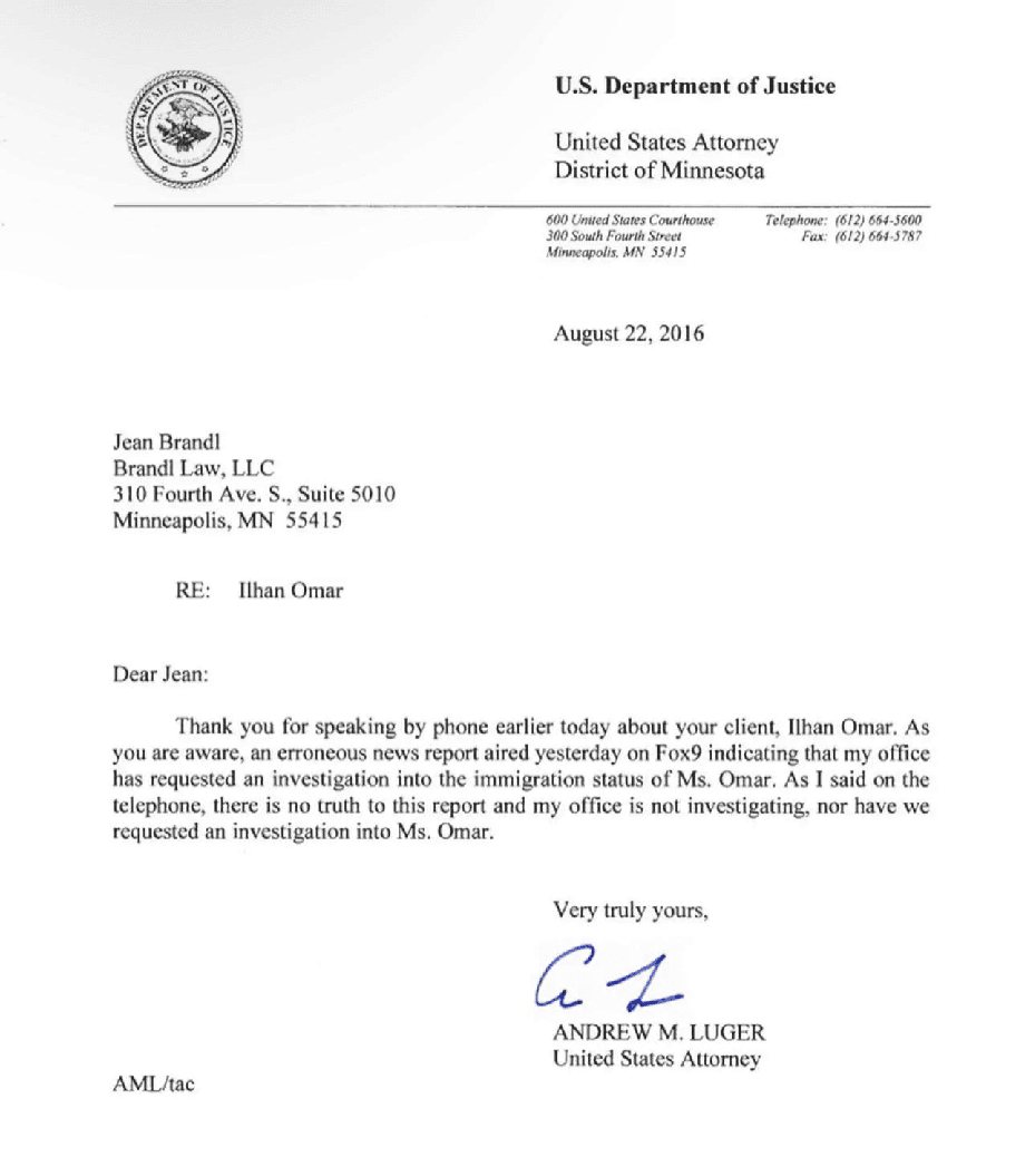 Letter from U.S. Attorney Andrew Luger regarding Ilhan Omar